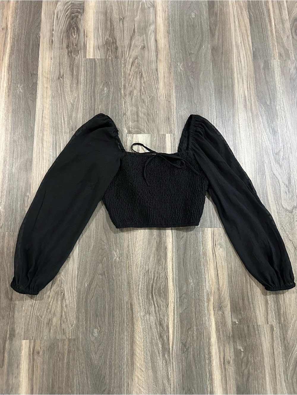 Black Puff Sleeve Smocked Crop Top